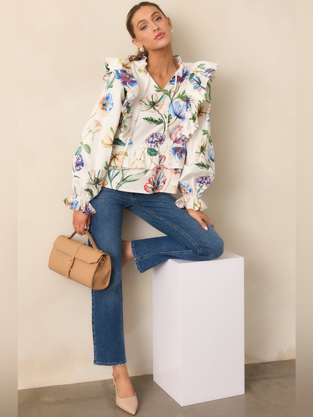 PROSPERINA FAYE IVORY MULTI FLORAL PRINT COTTON RUFFLE TOP NEW - Picture 7 of 7